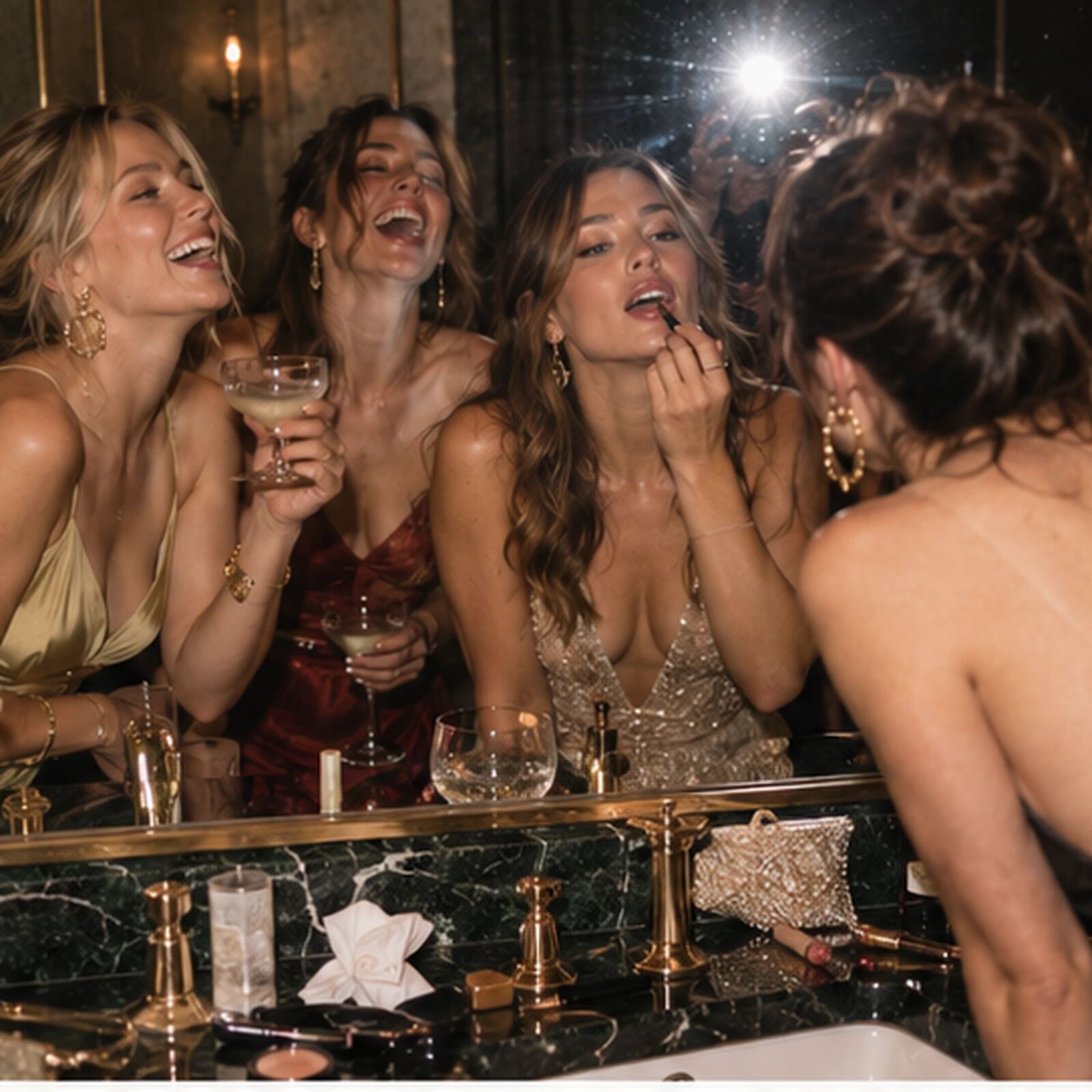Friends laughing at a marble bar in direct flash