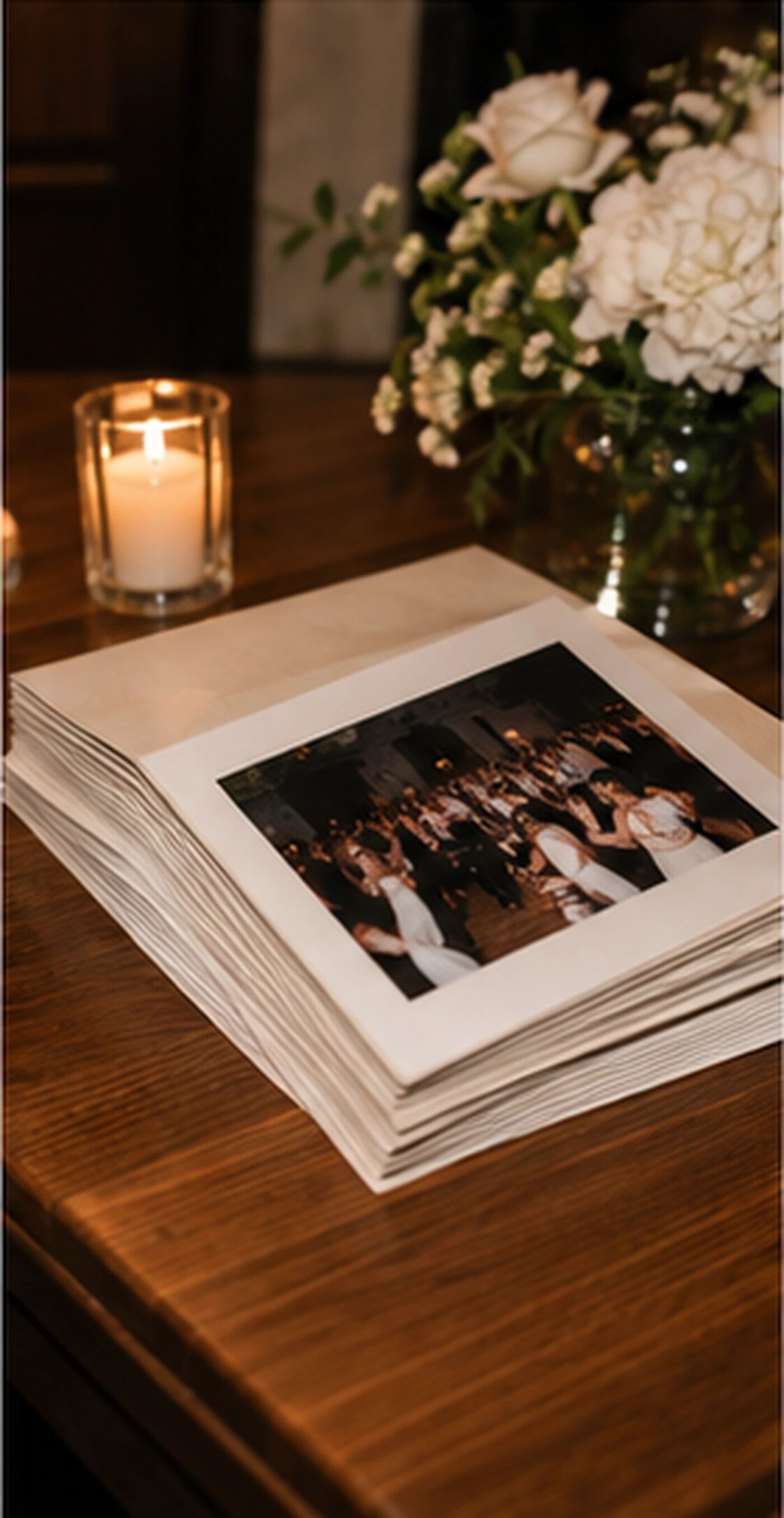 A photo album on a wooden table