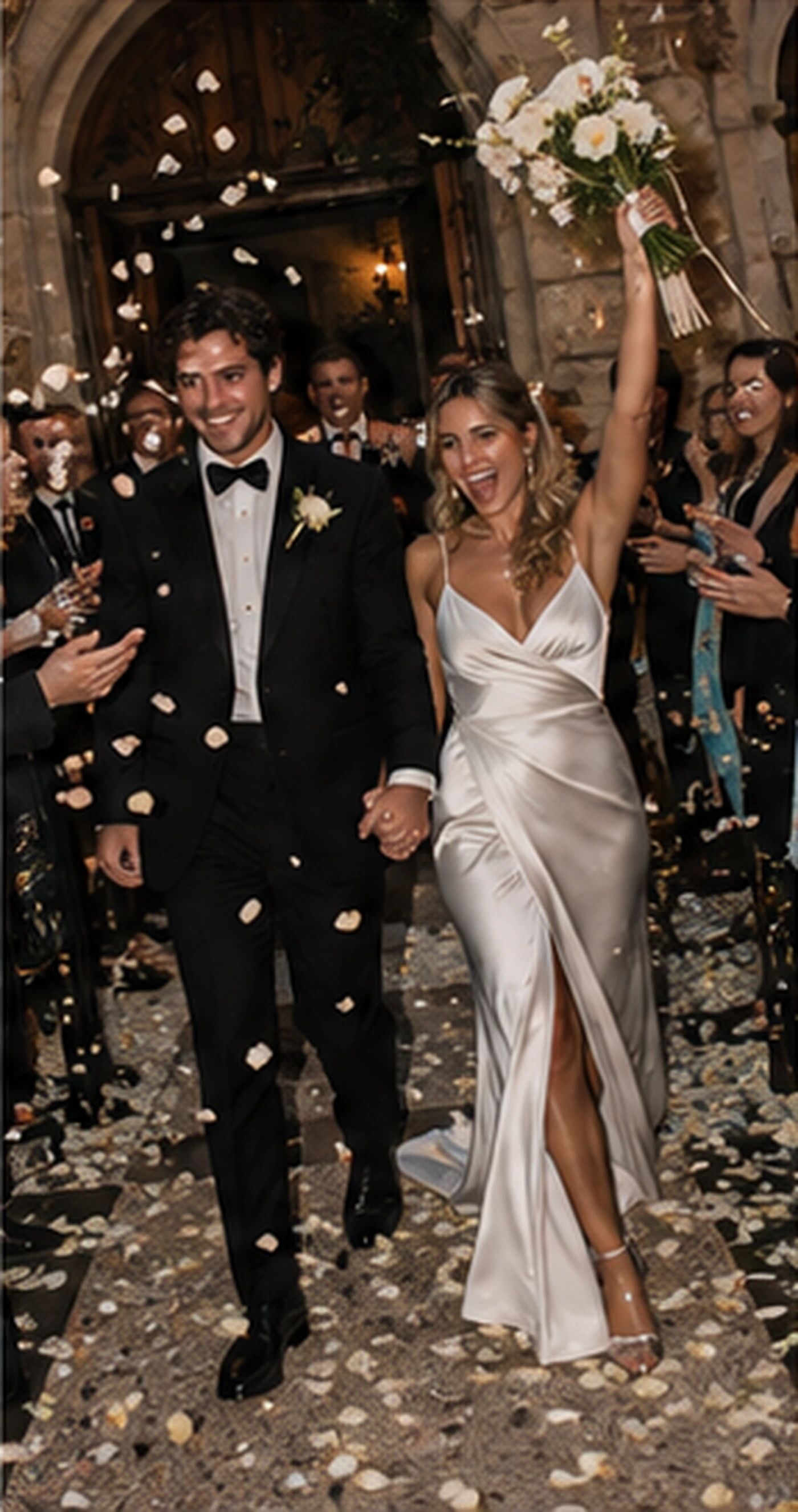 A couple leaving through confetti