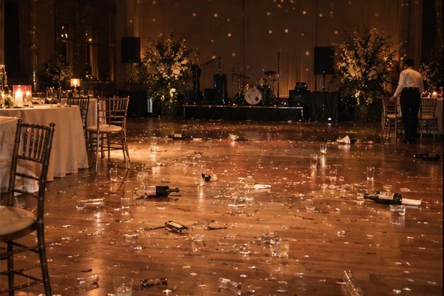 The empty dancefloor at closing time, confetti and debris everywhere
