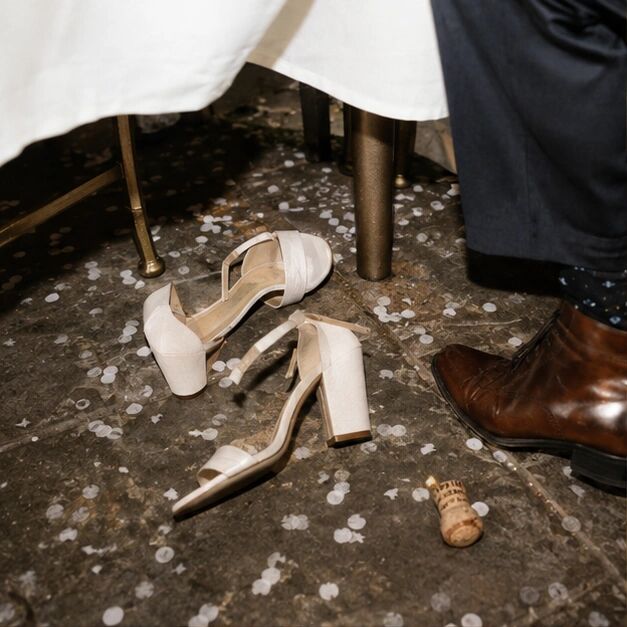 Heels and a cork abandoned on a confetti-covered floor
