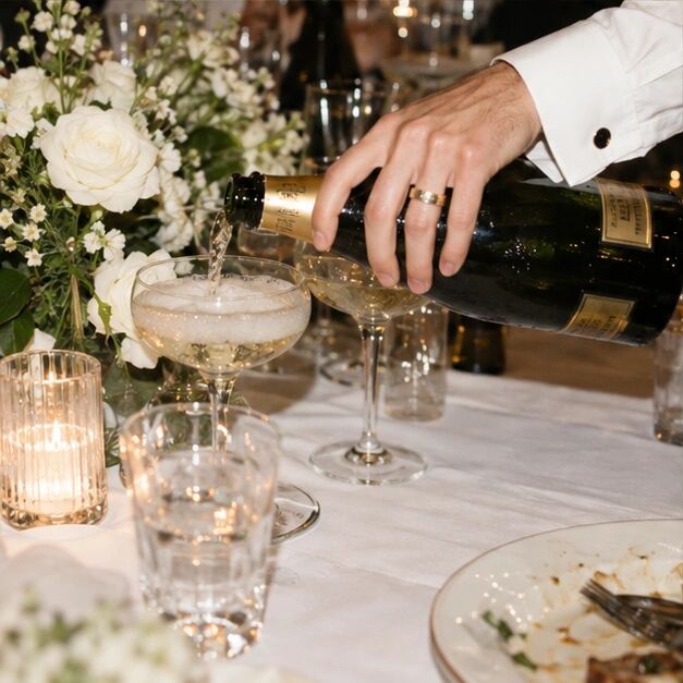 A hand pouring champagne into coupes among candles and flowers