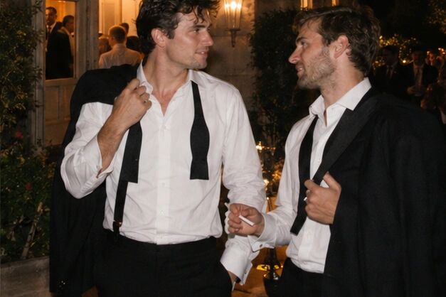 Two friends outside in dinner jackets, one adjusting the other's collar
