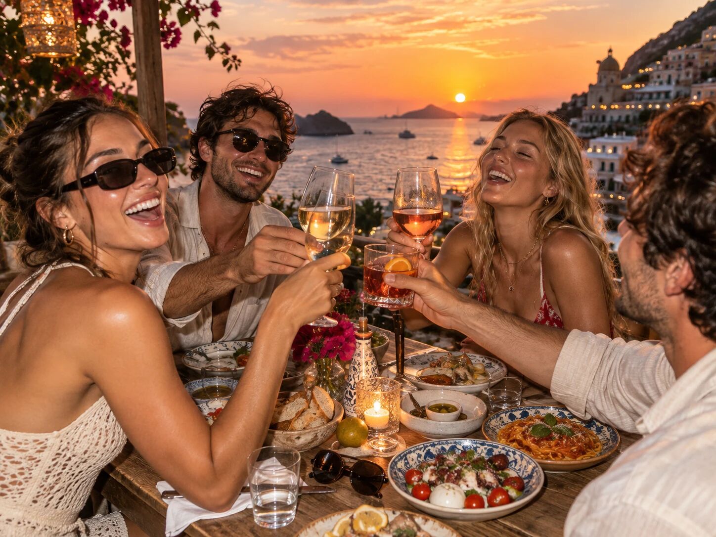 Four friends clinking glasses at a terrace table above a bay at sunset