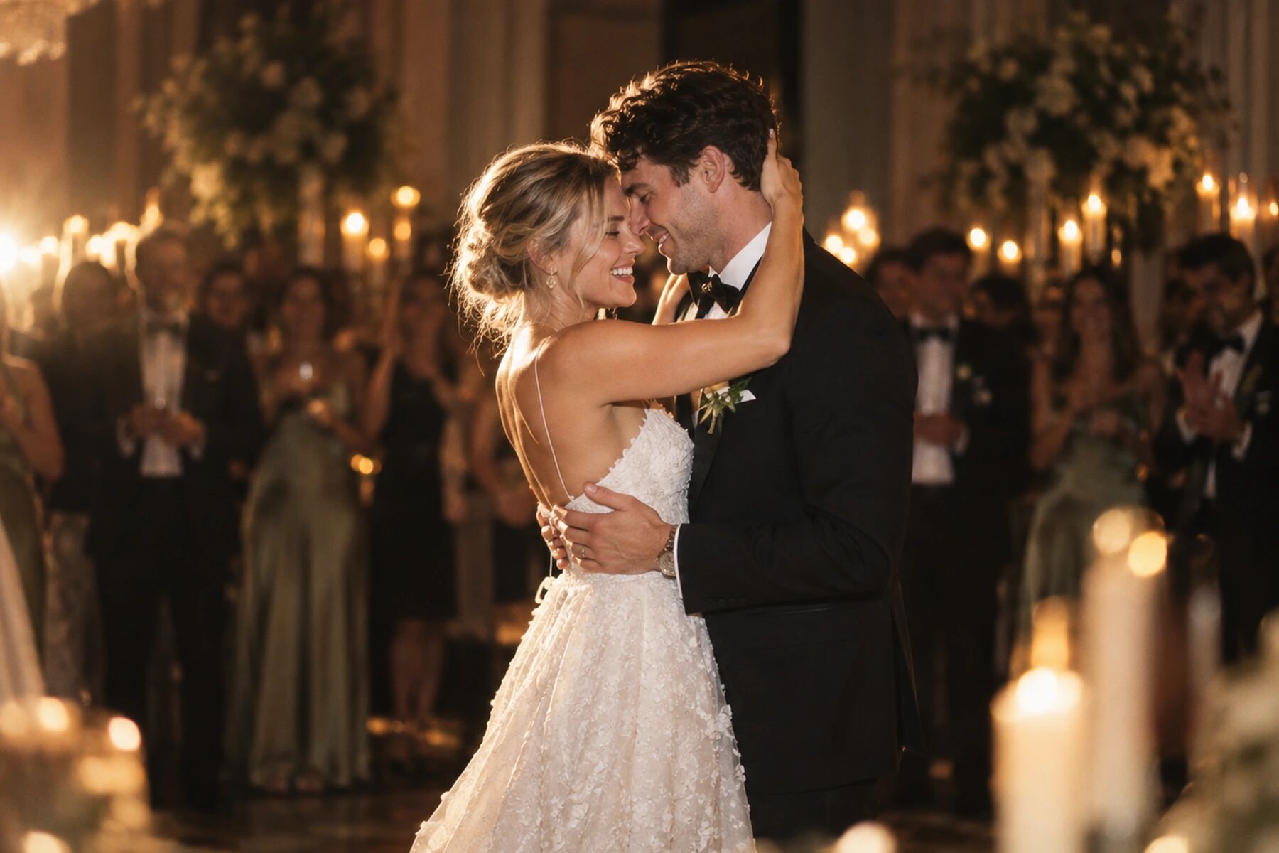 A couple slow-dancing in a candlelit ballroom