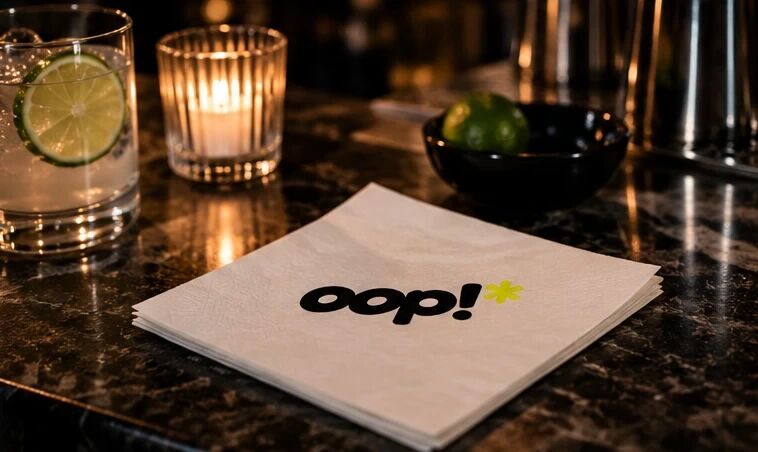 An oop cocktail napkin on a marble bar beside a gin and tonic and a candle