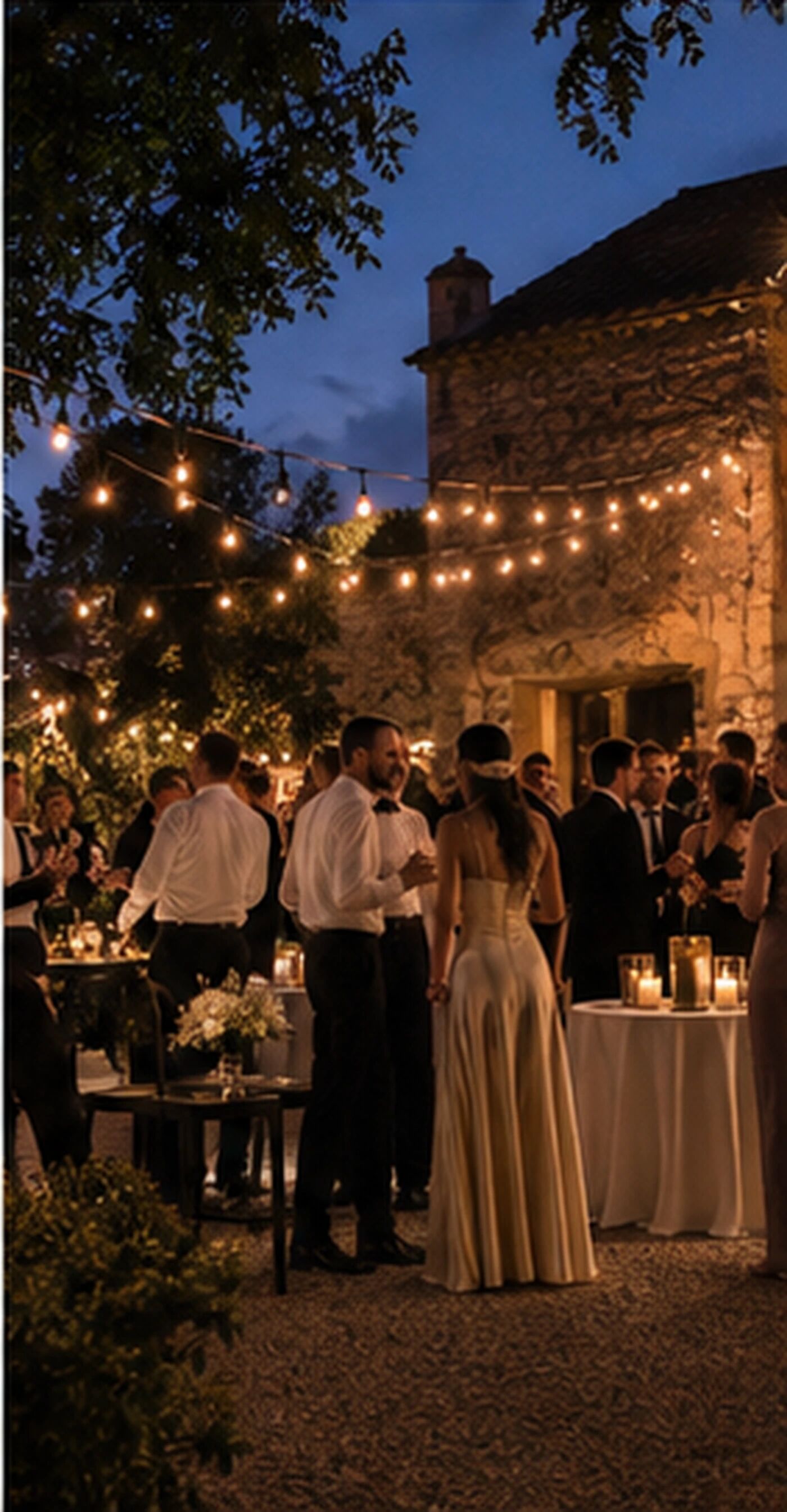 A courtyard strung with lights at dusk