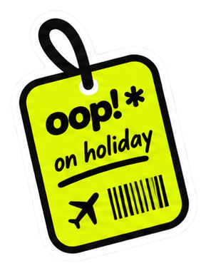 A luggage tag: oop! on holiday